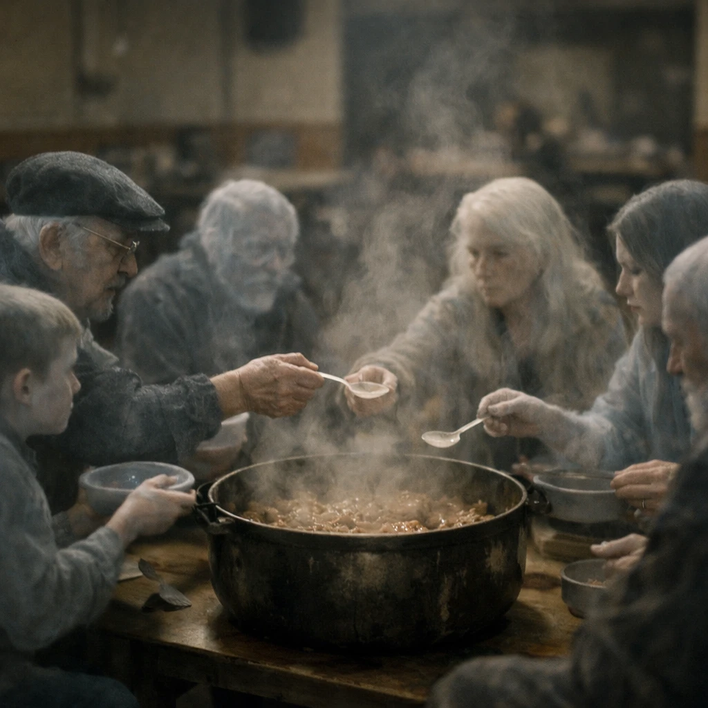 さまざまな年代の幽霊たちが大釜を囲み静かに食卓を囲む様子の写真。