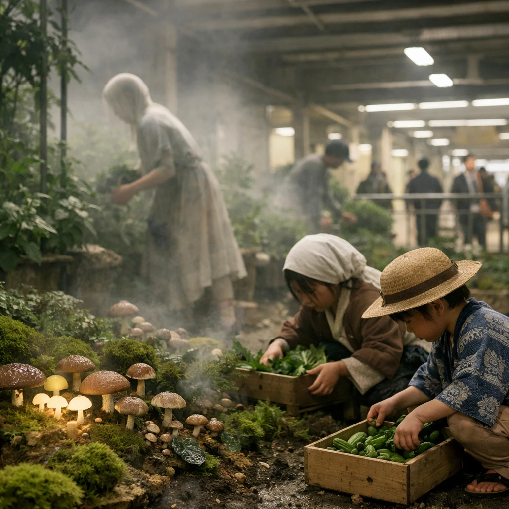 地下鉄駅直結の温室で、キノコや苔、幽霊の農家と子どもたちが野菜を収穫している様子。