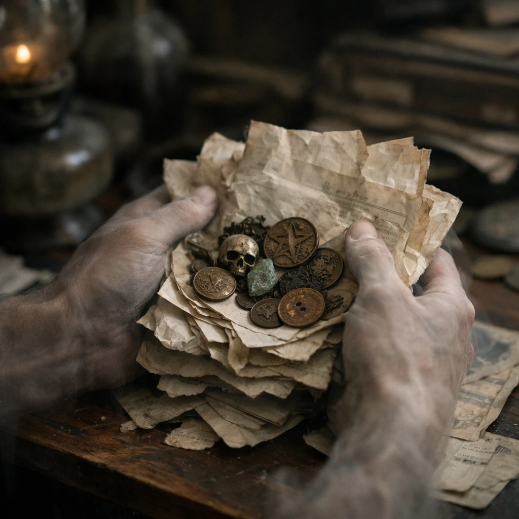 薄暗い部屋の机の上で、半透明の幽霊の手が古い請求書や魔界の硬貨を持っている写真。