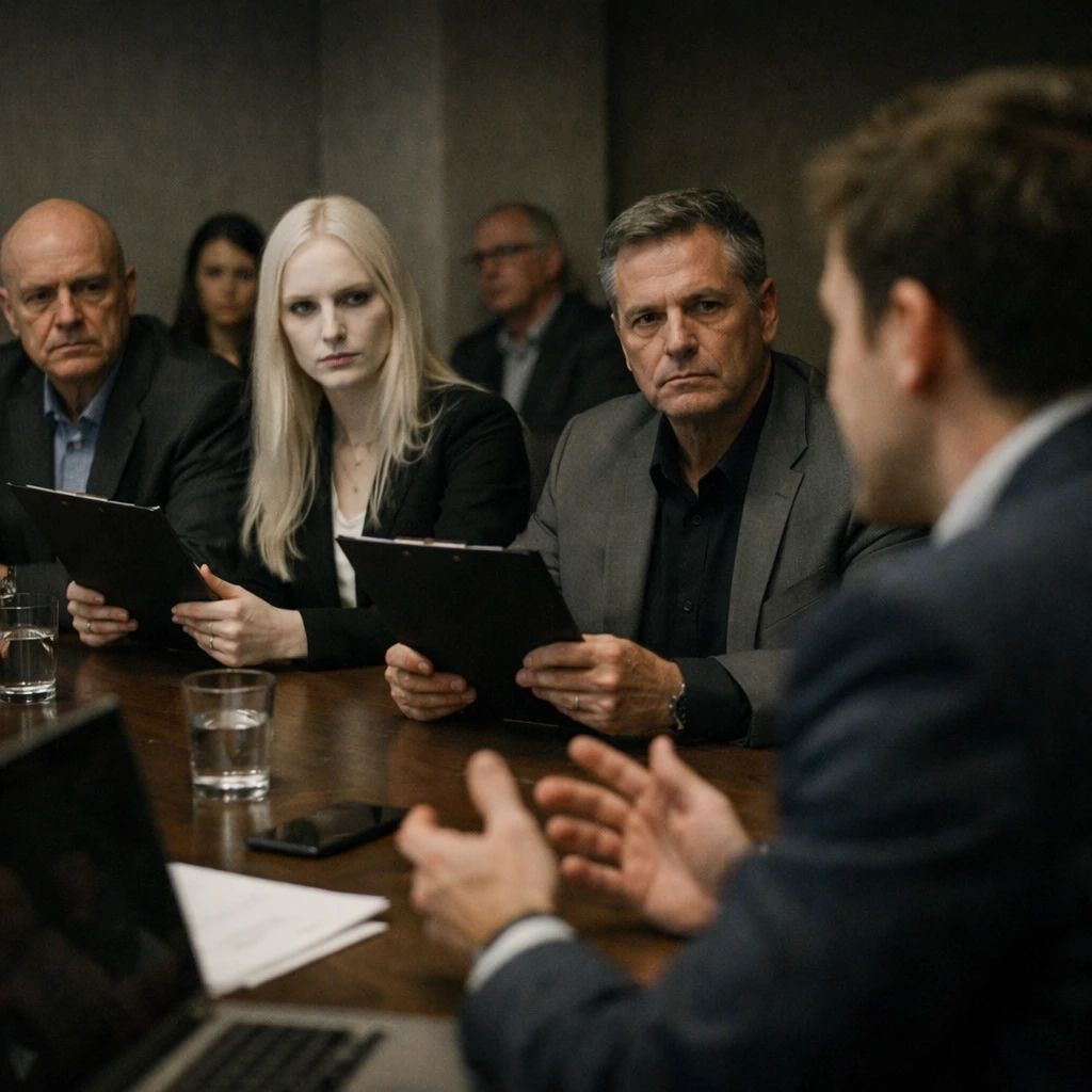 薄暗い会議室でビジネス服を着た人物たちが起業家のプレゼンを真剣に見つめる様子のリアルな写真。