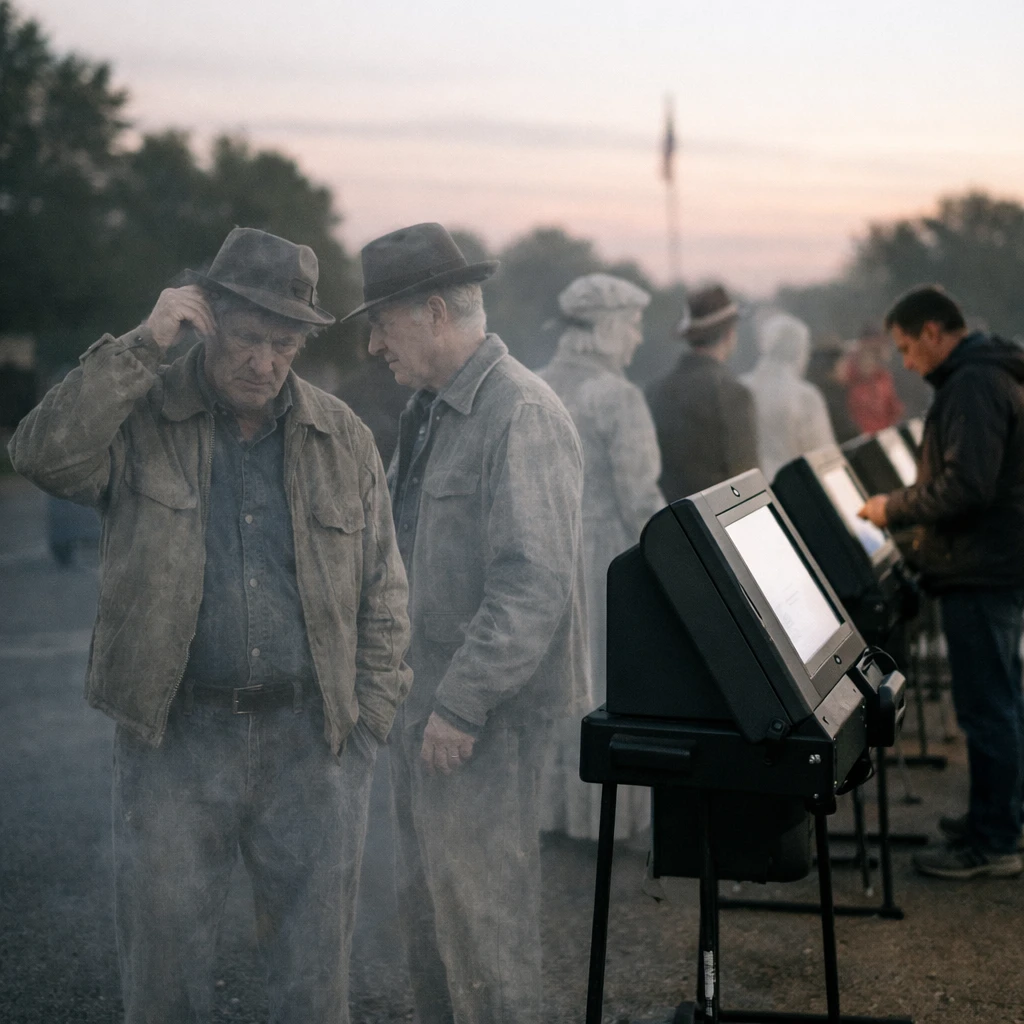 電子投票所で複数の幽霊の姿が列を作り、一体がもう一体の自分に戸惑う様子のリアルな朝の写真です。
