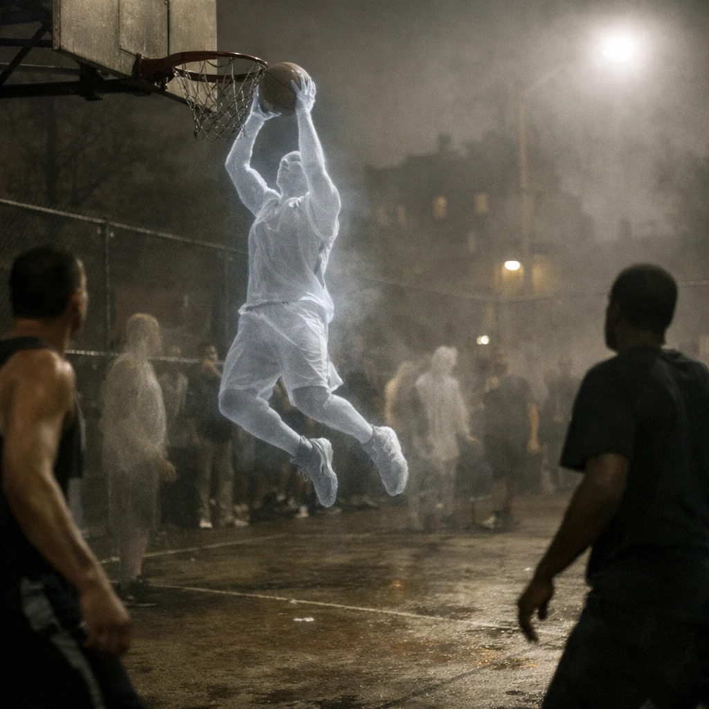 夜のストリートバスケットコートで、半透明のバスケ選手がリバウンドを空中でキャッチし、脇には消えかけた霊が漂う様子。