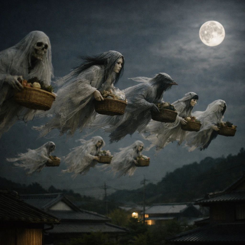 満月の夜、半透明のベールをまとった妖怪と幽霊たちが商品を運びながら田舎町の上空を飛ぶ様子。