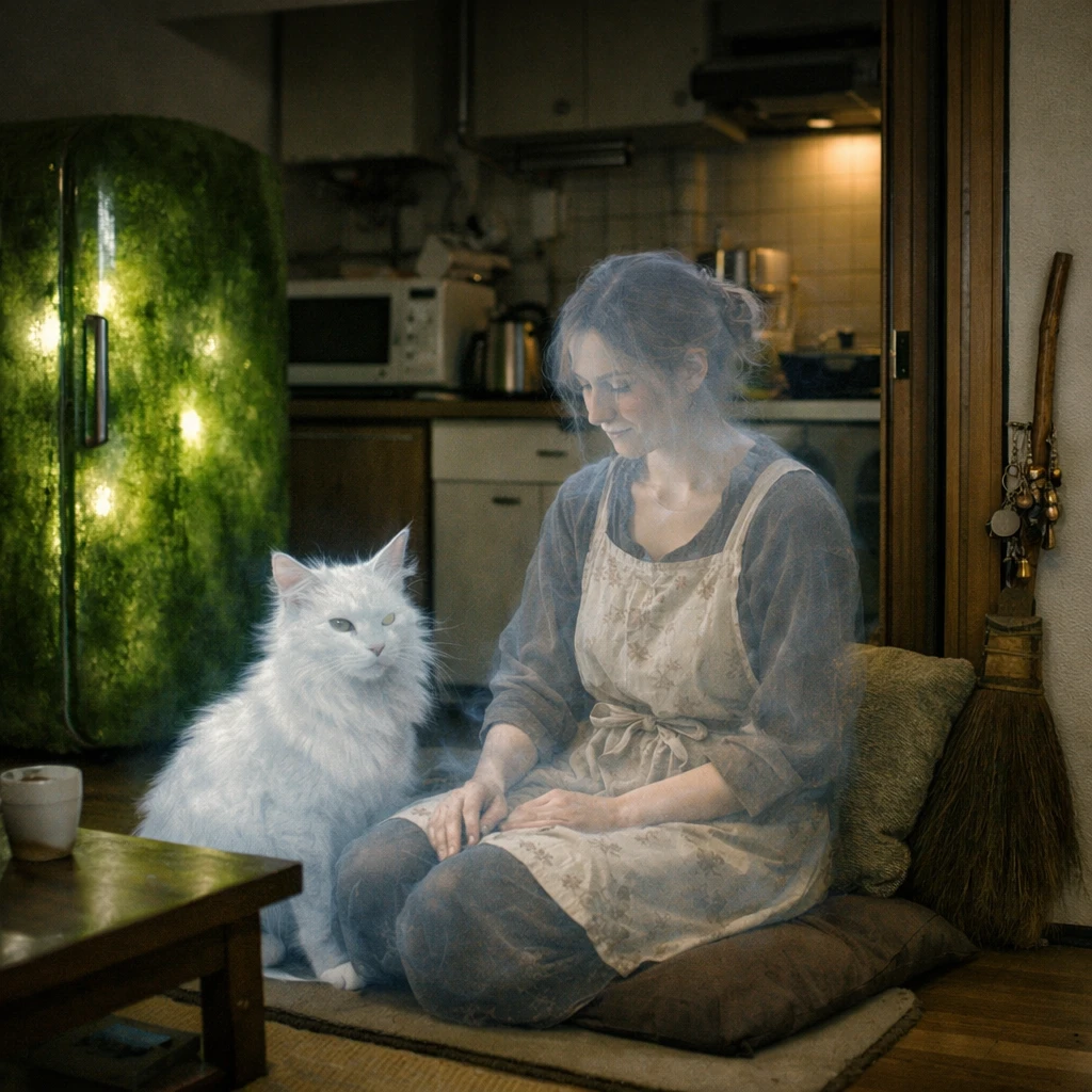幽霊の主婦と猫又がスマート家電に囲まれた和風のリビングでくつろいでいる写真。
