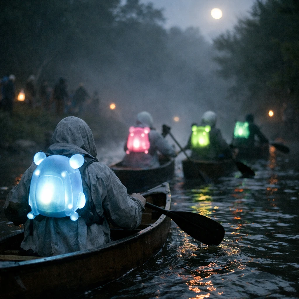 霧のかかった川で背中に光るリュック型ペットを背負った幽霊のようなランナーたちがカヌーレースに挑む様子の写真。