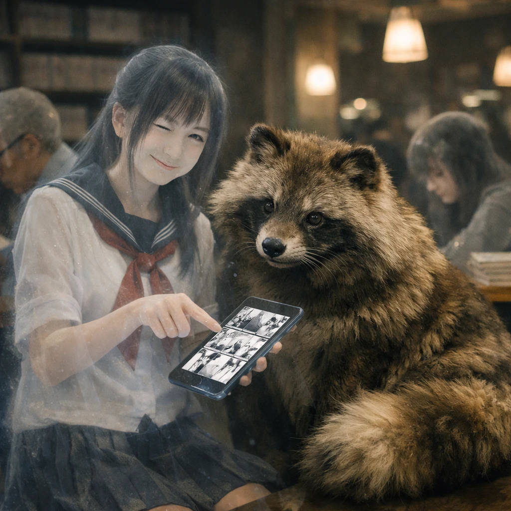 幽霊の女子高生が大きな狸と一緒に現代的なカフェでデジタル漫画を楽しそうに読んでいる写真風画像。