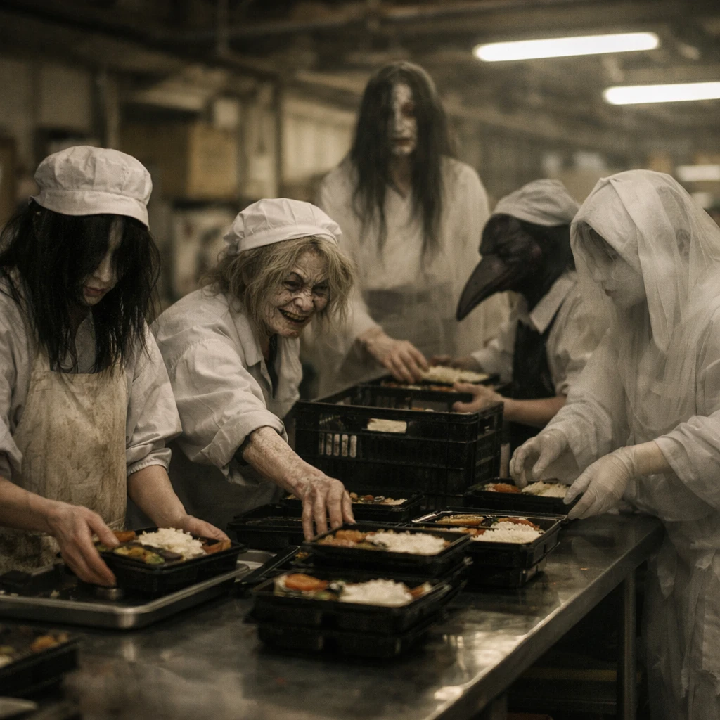 暗いが温かみのある給食センターで妖怪や幽霊風の作業員たちが余った弁当を分別している様子。