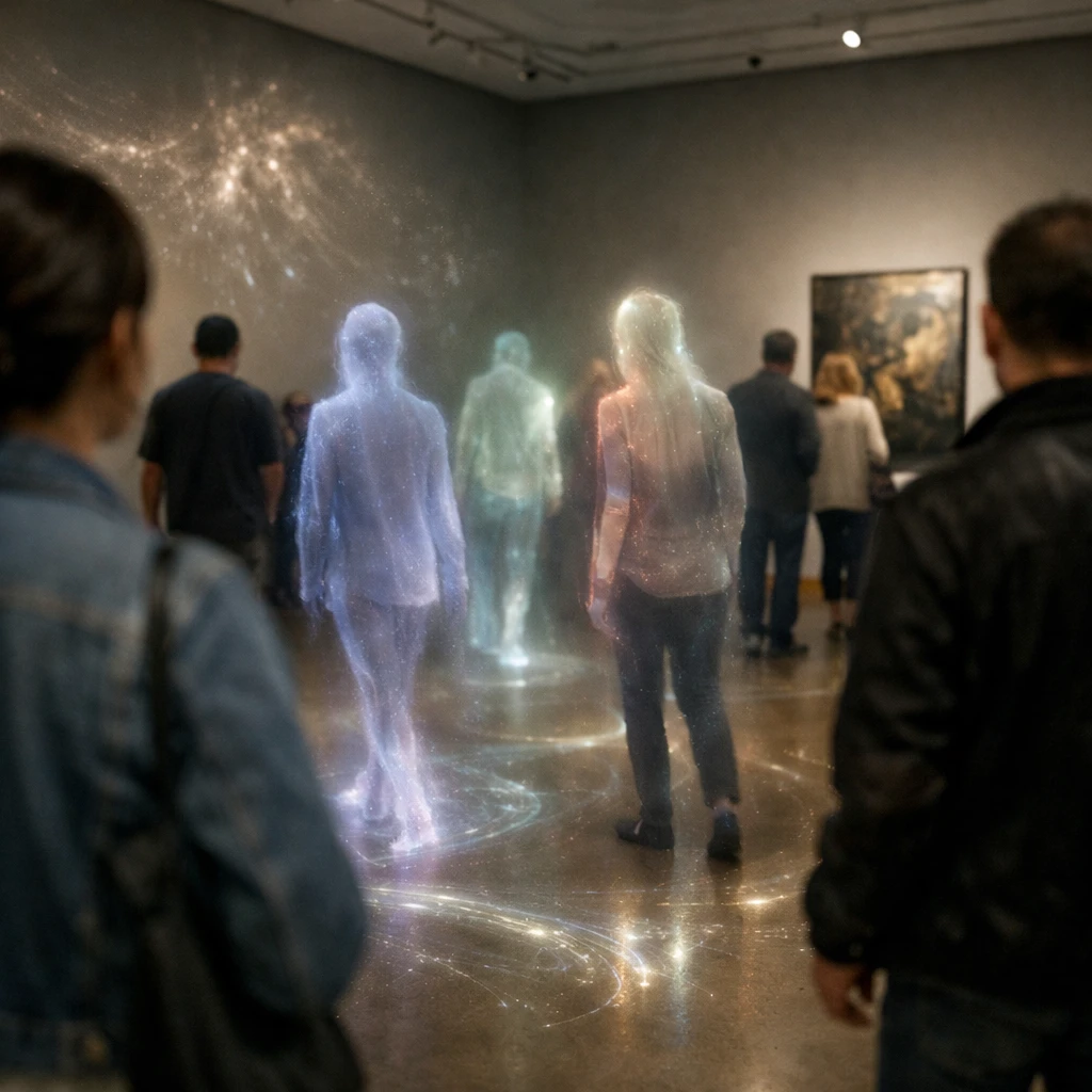 薄暗い美術館の展示室で、半透明の幽霊アバターたちが色とりどりのオーラをまとって歩き、壁や床に感情の痕跡が浮かび上がる様子の写真。