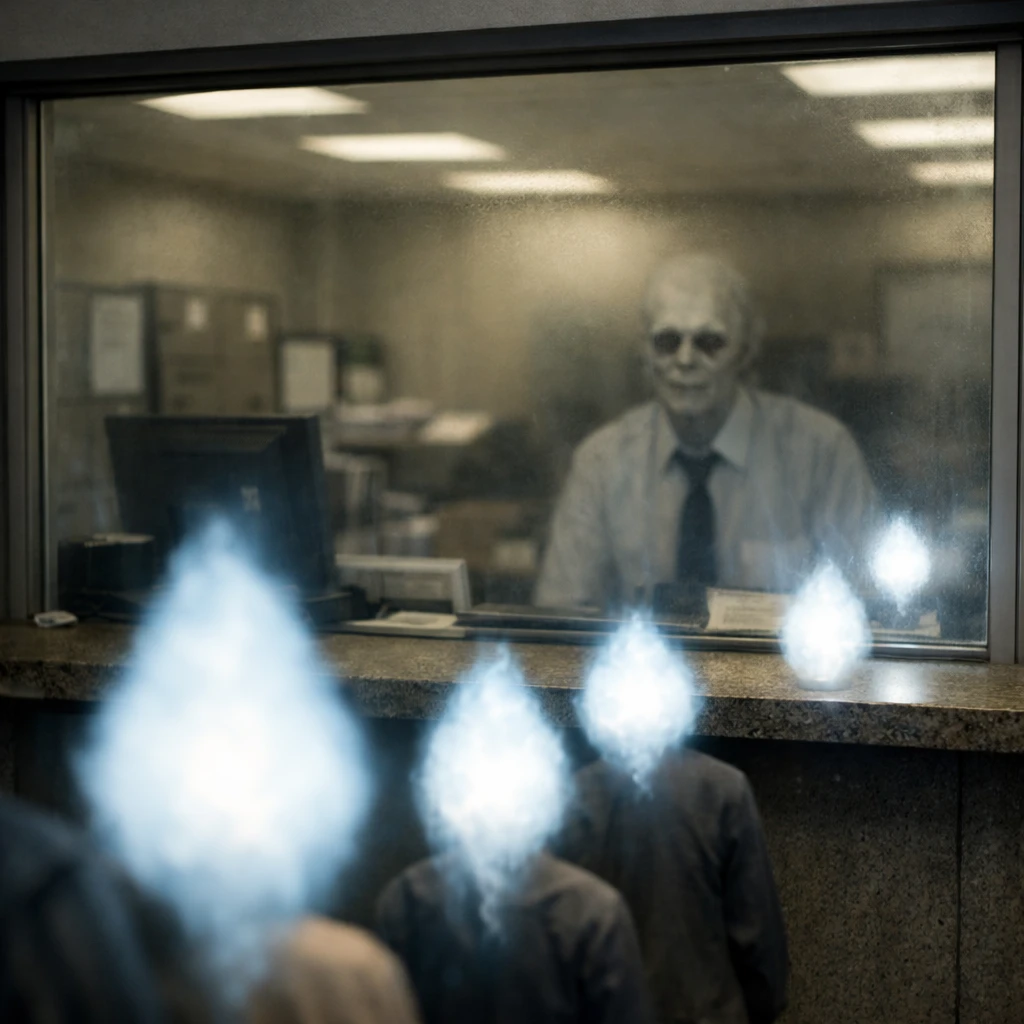 現代風の受付前に静かに並ぶ発光する鬼火たちの列と、窓口越しにぼんやりと見える幽体職員が写っている写真。