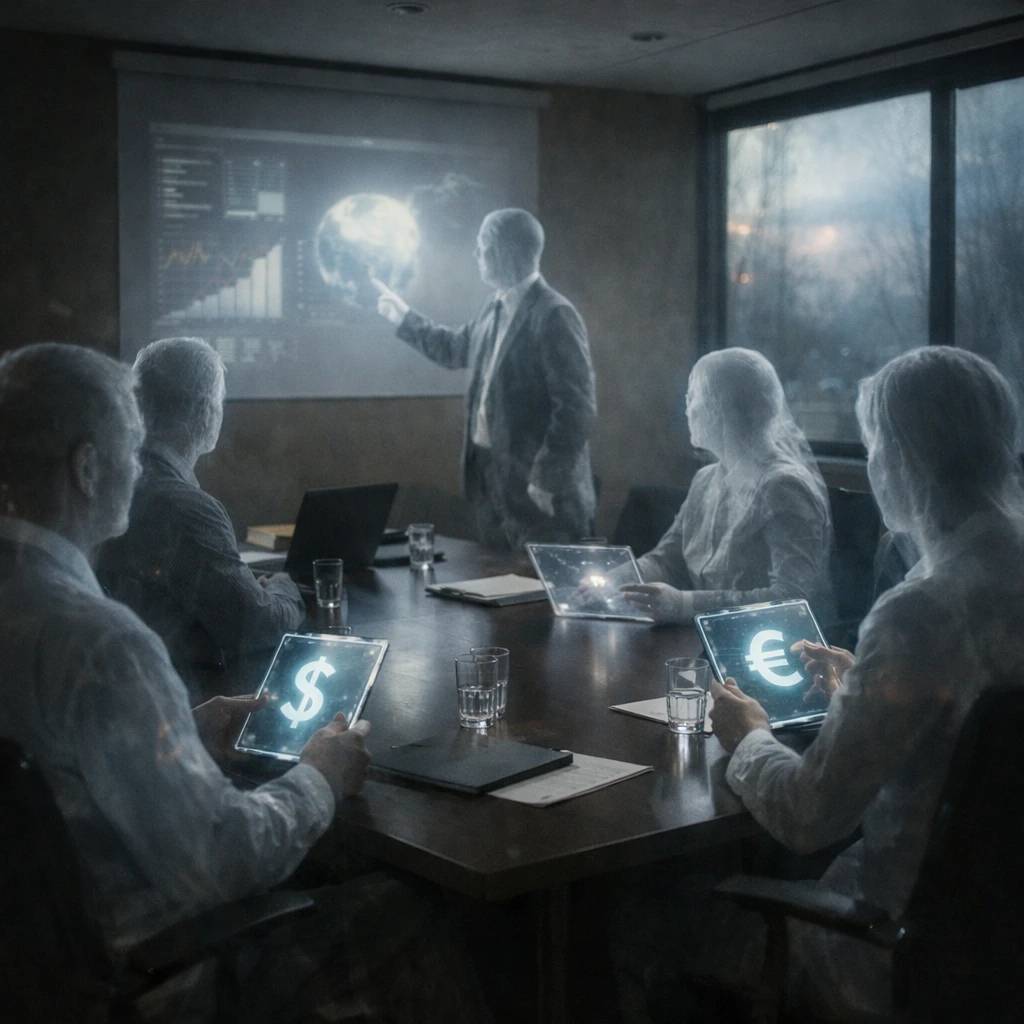 幽霊のような社員たちが近未来的な会議室で会議をしている様子の写真。