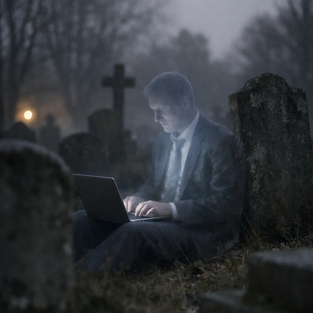 薄暗い墓地でノートパソコンに向かう半透明のビジネスマン風幽霊の写真。