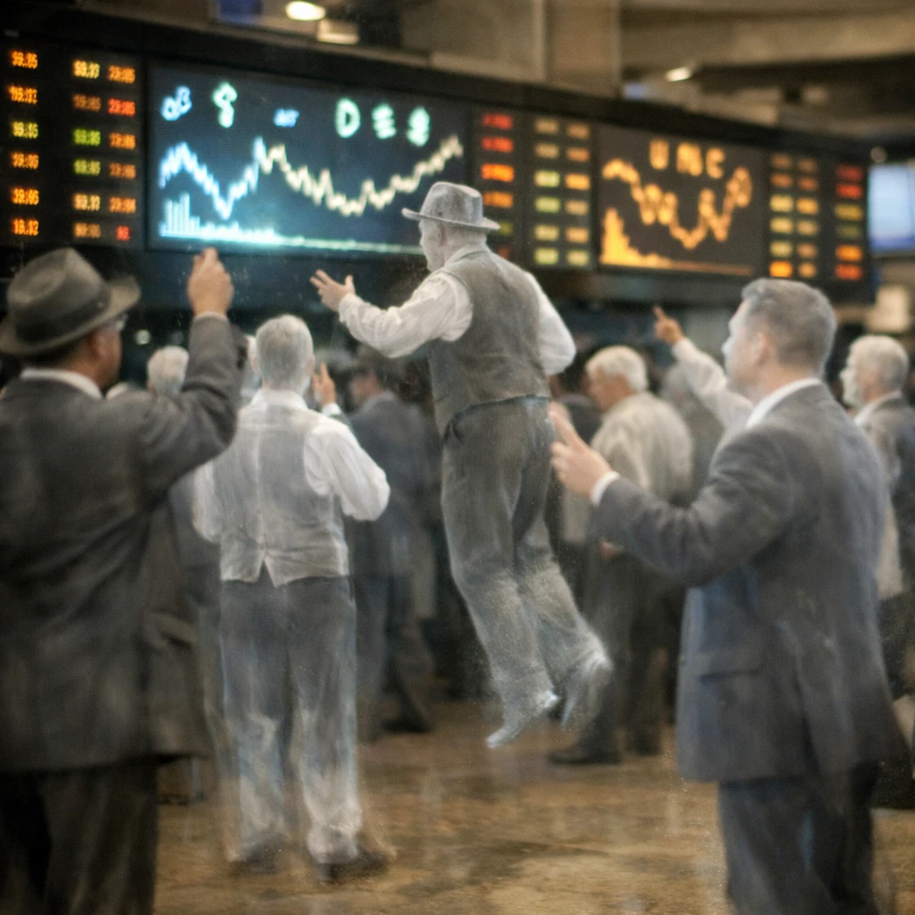 霊的な存在たちが取引に熱狂しているゴースト取引所のフロアの写真。