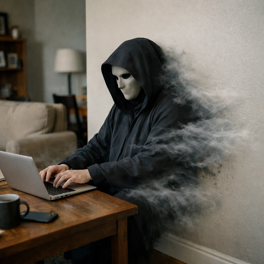 現代的なリビングでノートパソコンを操作しつつ、半透明になって壁を半分すり抜けている死神風の人物の写真。