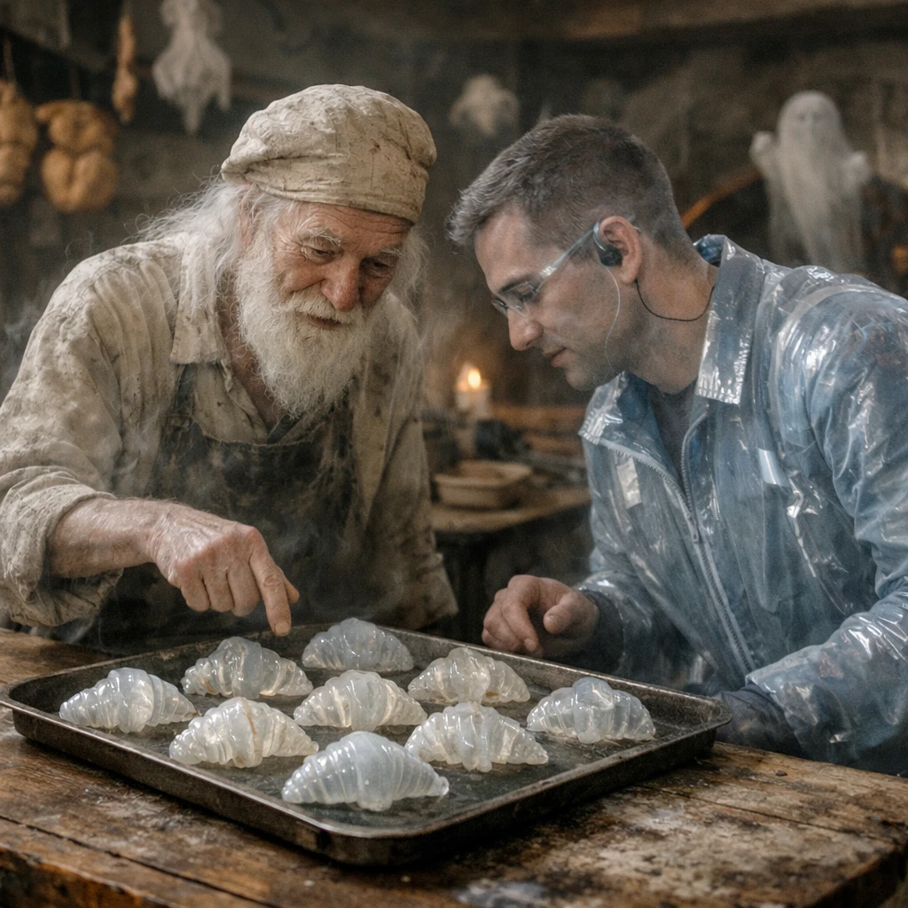 伝統的な妖怪パン工房で、幽霊職人とAI霊魂技師が半透明のクロワッサンを相談している様子の写真。