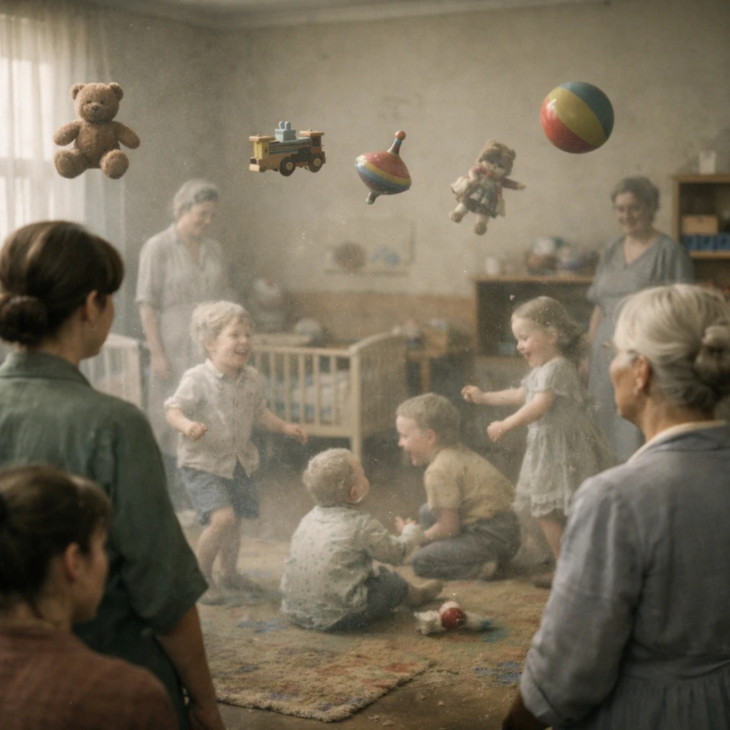 半透明の女性たちと子どもたちが優しい光に包まれた保育室で遊んでいる写真。