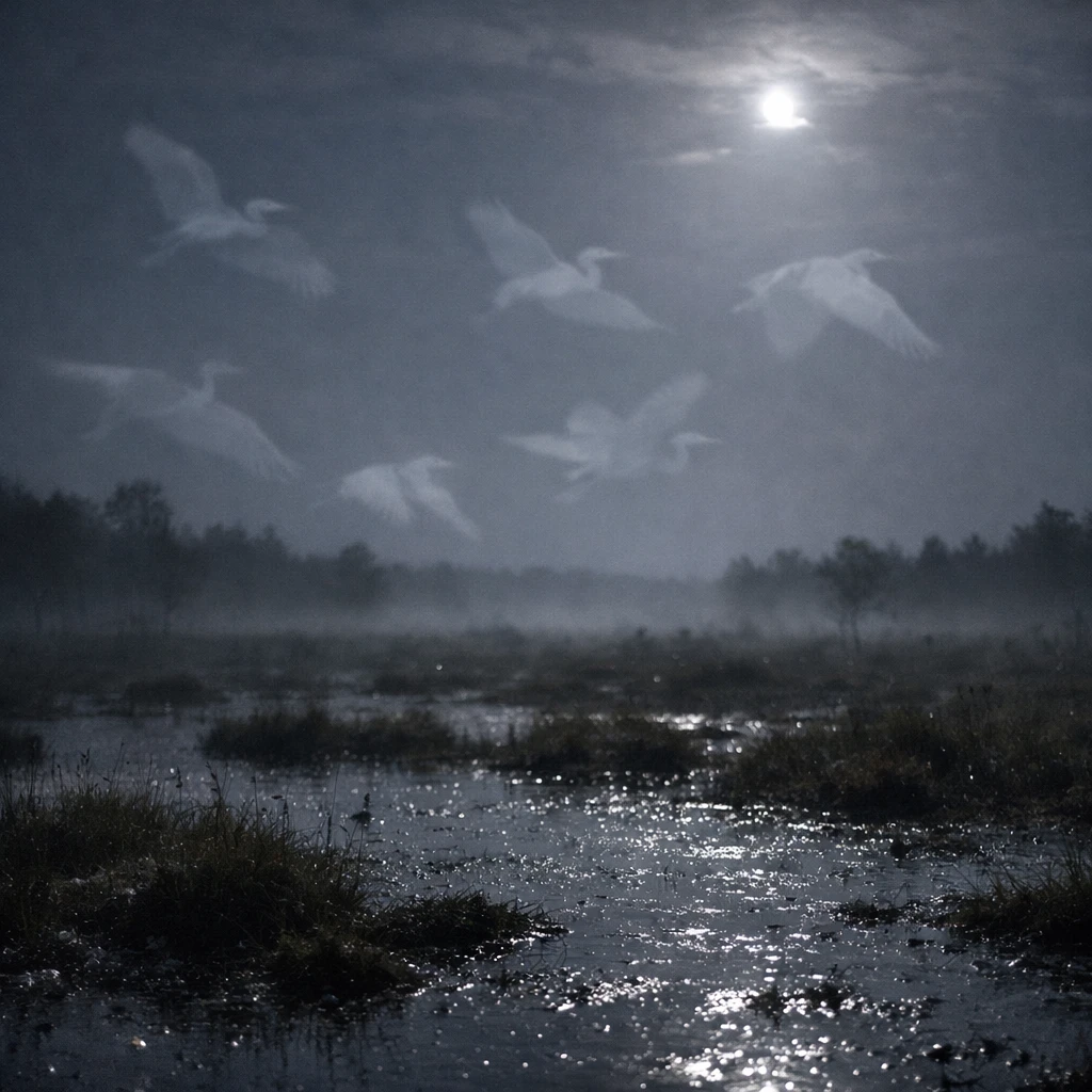 夜の泥炭湿地上空を幽霊のようなアオサギたちが羽ばたいている写真。