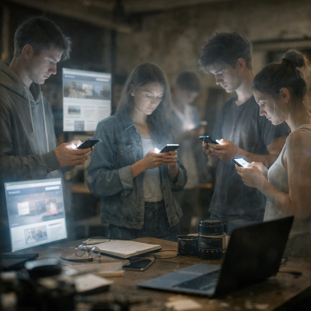暗い部屋で現代的な服装の若い幽霊たちがスマートフォンを見つめている写真。