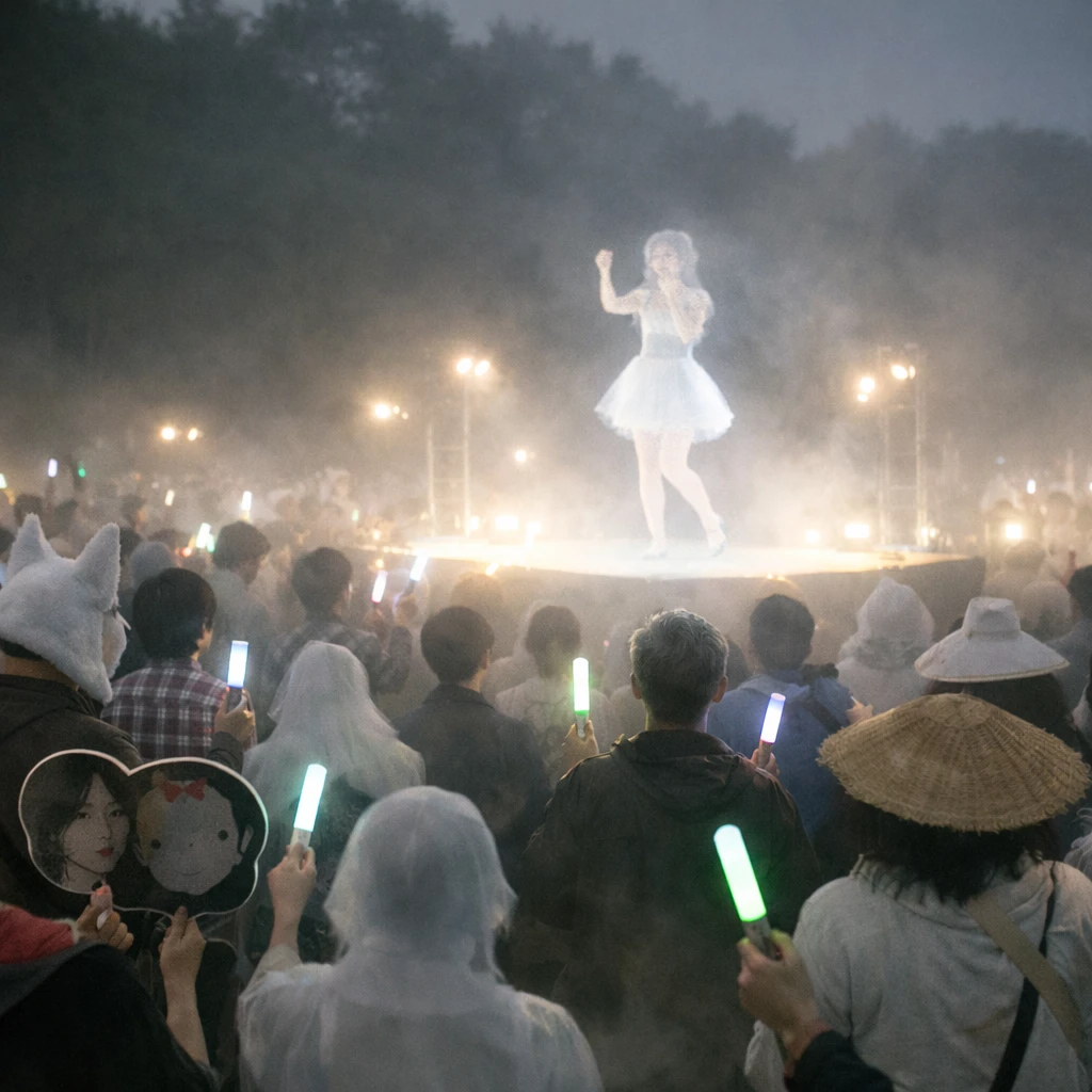 夜霧に包まれた幻想的な野外の広場で、半透明の霊体アイドルを見上げて応援する幽霊や妖怪のファンたちが集まっている。