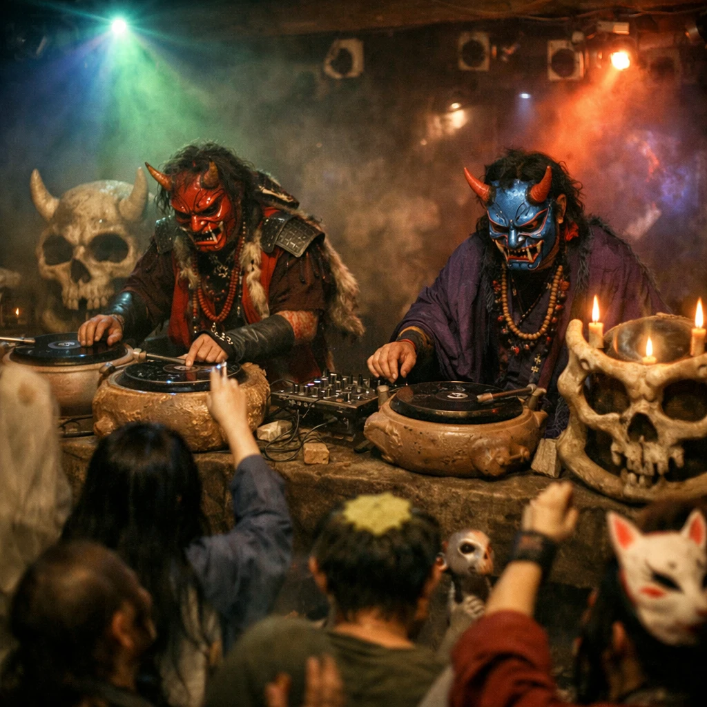 鬼の姿をしたDJが土器型ターンテーブルで演奏し、幽霊や妖怪たちが踊る地下イベント会場のリアルな写真風風景。