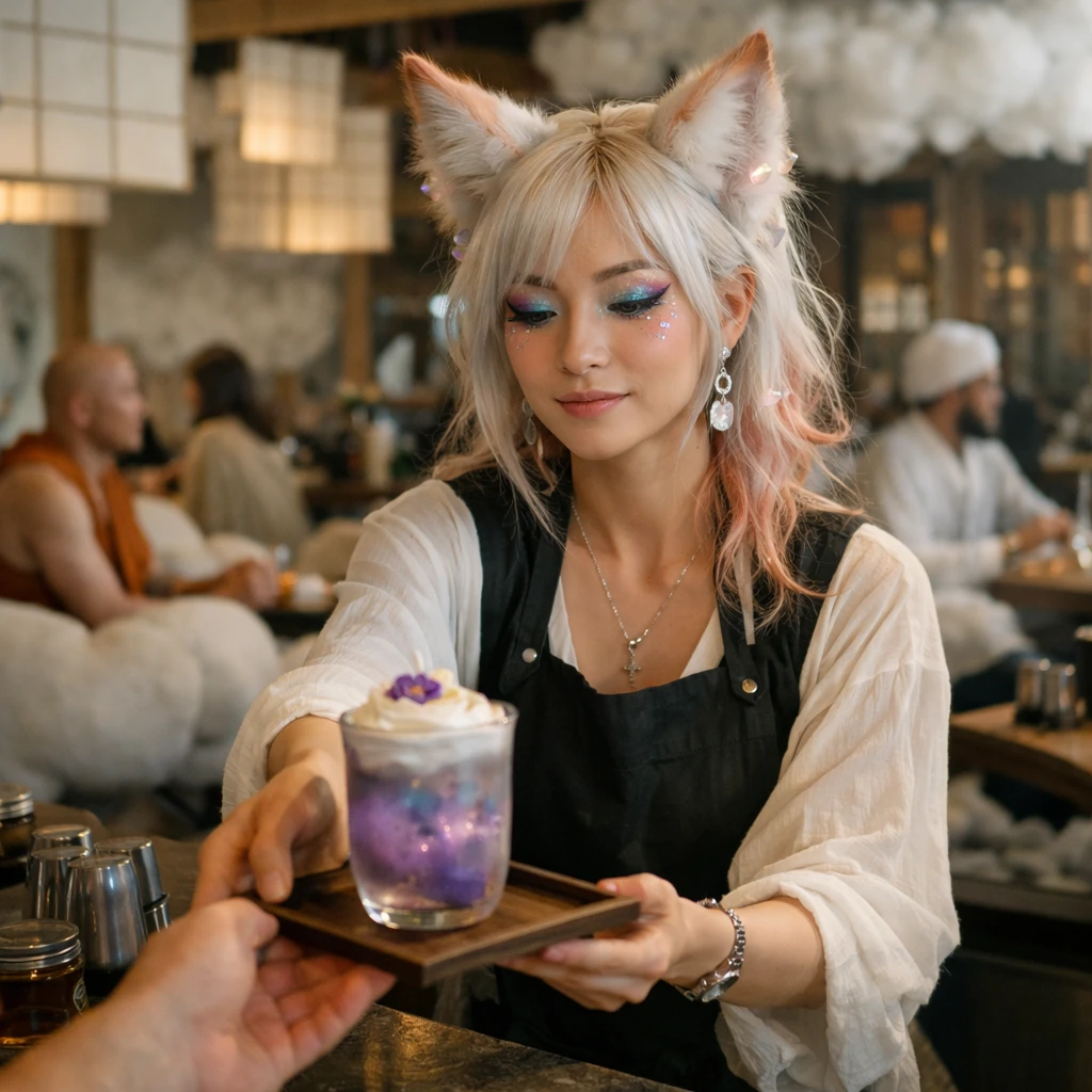 浮遊する障子や雲型ソファがある幻想的なカフェで、Y2K風メイクのキツネ霊バリスタがドリンクを手渡す様子。