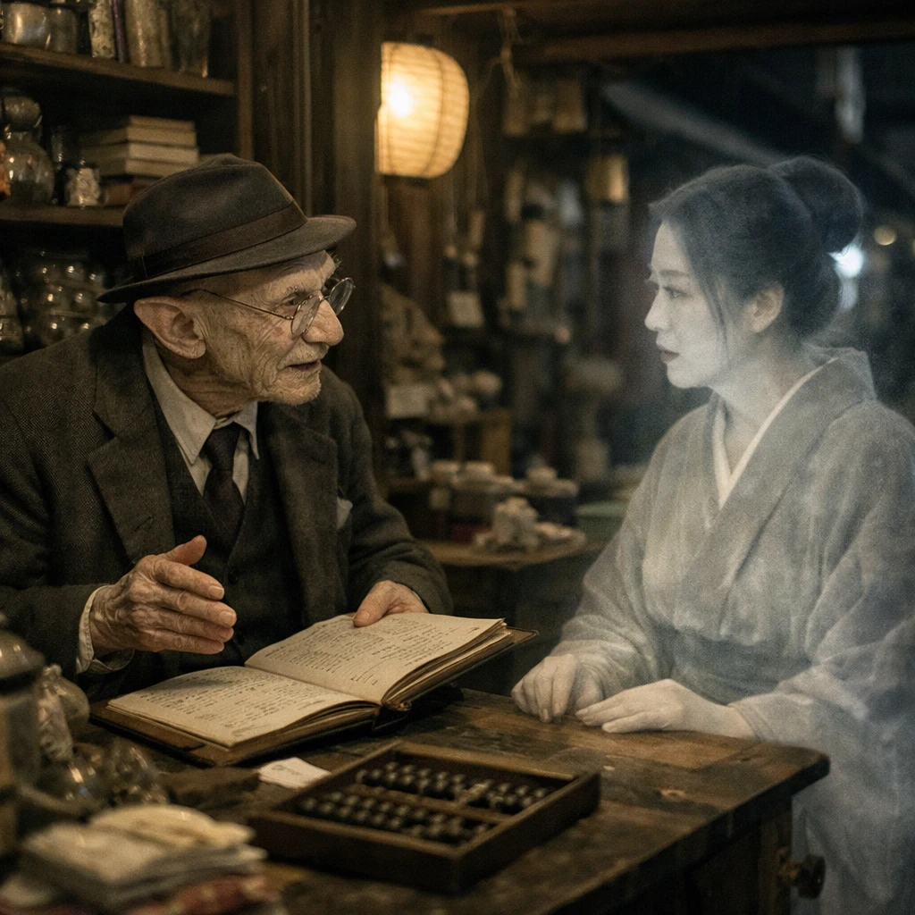 夜の商店街の店内で、年配の妖怪コンサルタントが幽霊の店主に経営アドバイスをしている写真。