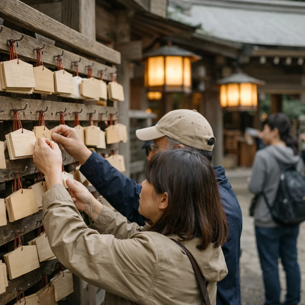 神社の境内で参拝客が新しい天然素材の絵馬を掛け、柔らかく光るエコ灯篭が並ぶ様子の写真。