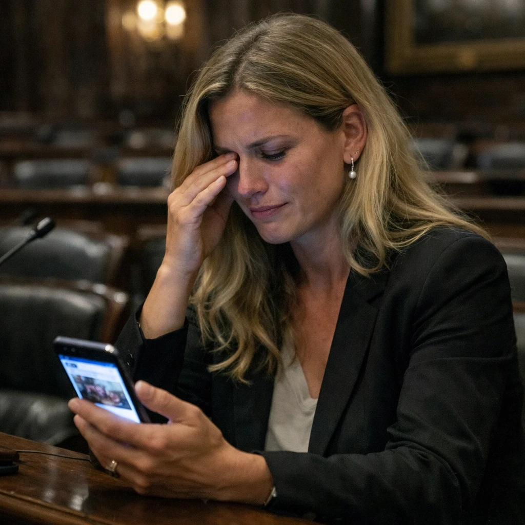 真夜中の議会本会議場でスマートフォンを手に涙ぐむ女性議員のリアルな写真。