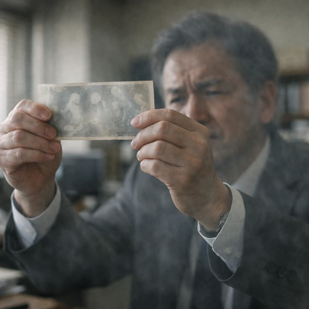 薄暗いオフィスで幽霊のビジネスマンが紙幣を光に透かして覗き込んでいる写真。