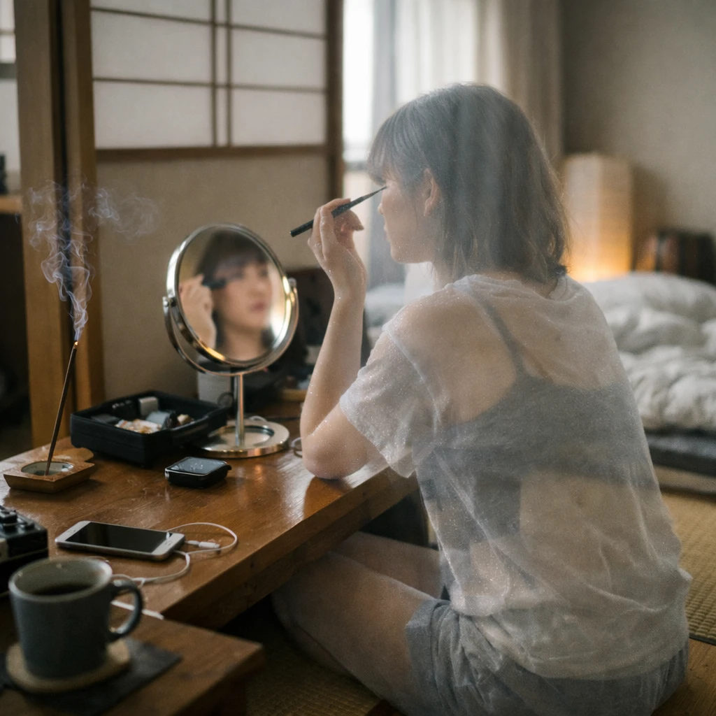 和室の化粧台で半透明の若い女性の幽霊がメイクをしている朝の自然なワンシーン。
