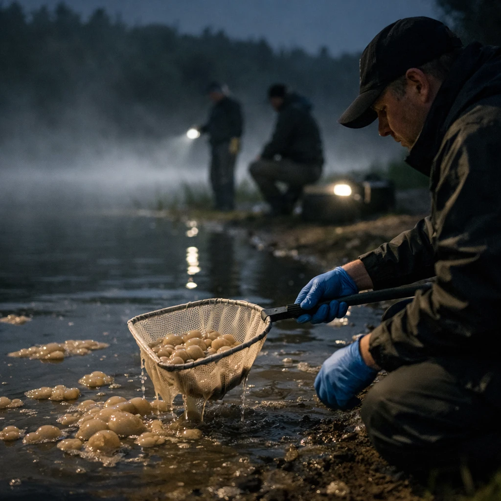 夜の静かな湖畔で調査隊員が粘土色の泡を湖面から網ですくい上げている様子の実写風写真。