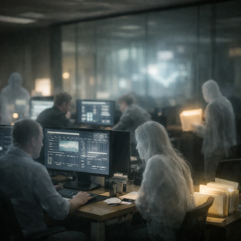 半透明の幽霊たちがデータやパソコンを囲みながらオフィス内で働いている様子のリアルな写真。
