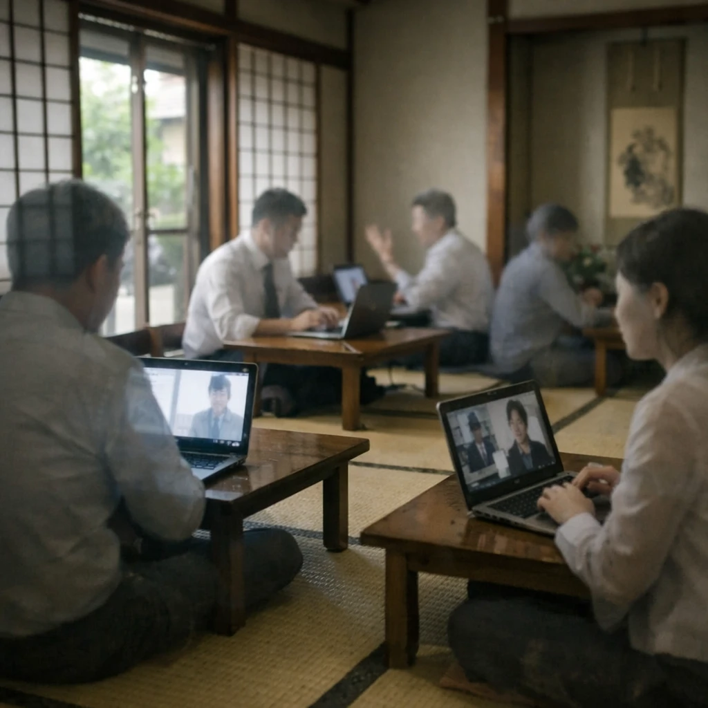 和室の畳部屋で、幽霊のような半透明のビジネスマンたちがノートパソコンの前に座り、リモートワークしている様子。