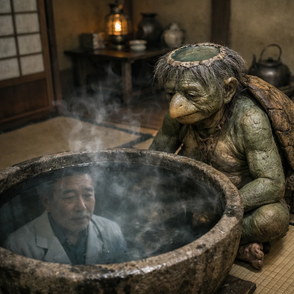 畳の部屋で老いた河童が水鏡越しに医師の姿と会話している様子のリアルな写真。