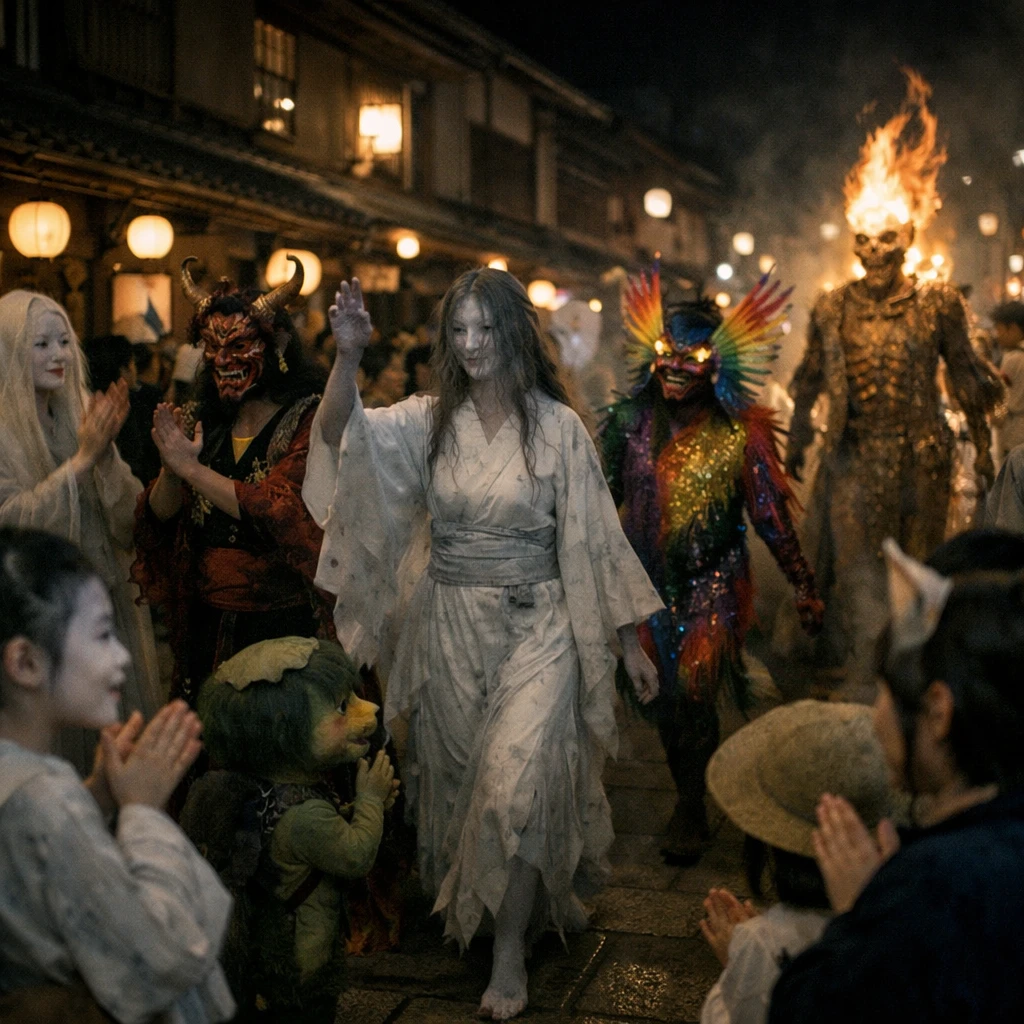 提灯がやわらかく照らす日本風の大通りで、幽霊や妖怪、精霊たちが色とりどりの衣装を身にまとい堂々と行進している様子の写真。
