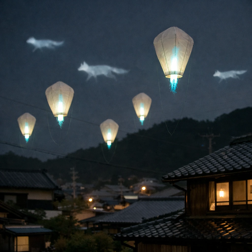 夜の静かな田舎町の家々の上空に、淡く光る人魂型凧と狐火が浮かんでいる様子の写真。