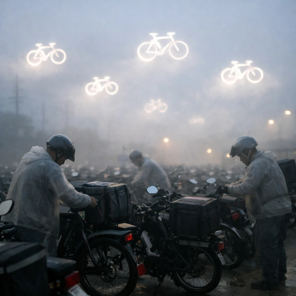 霧がかった駐輪場で幽霊配達員と自転車型ドローンが並ぶ様子を写した写真。