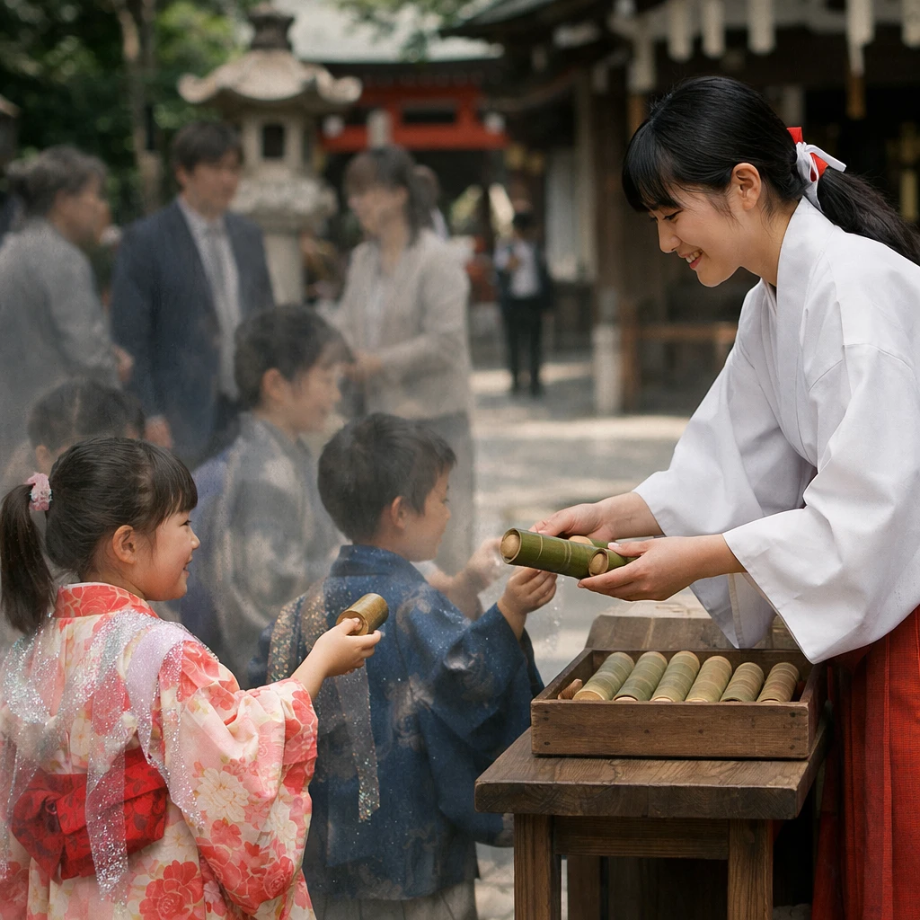 境内で半透明の家族連れと子供たちが神社の儀式に参加している様子を写した写真。