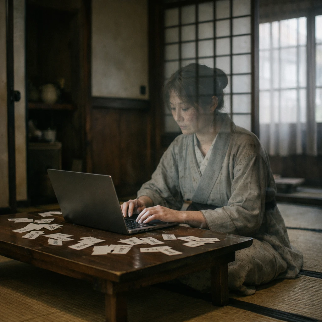 古い和室の一角で、幽霊の女性が座布団に座ってノートパソコンで仕事をしている風景。