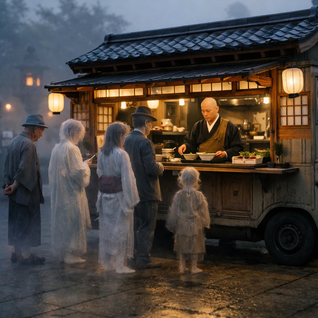 霧がかった異界の広場で、和風のフードトラックに並ぶ精霊たちを捉えた写真。
