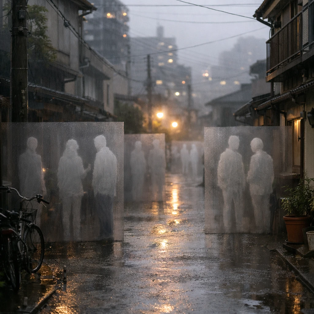 霧雨が降る町の一角で、半透明の壁に仕切られて立つ複数の人影のような幽霊たちが見える写真。