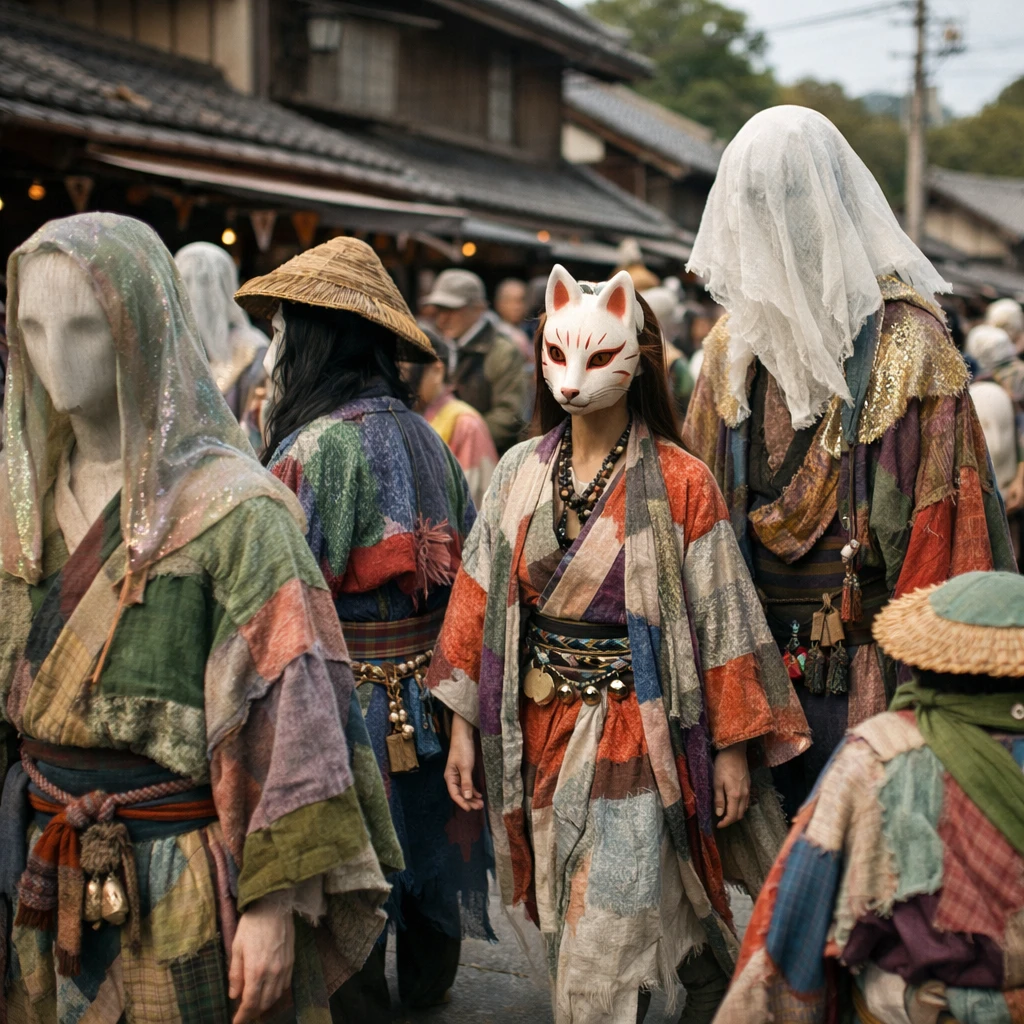 広場に集まった幽霊や妖怪たちがカラフルな古布羽織をまとい、手作りの小物を身につけて行進している様子。