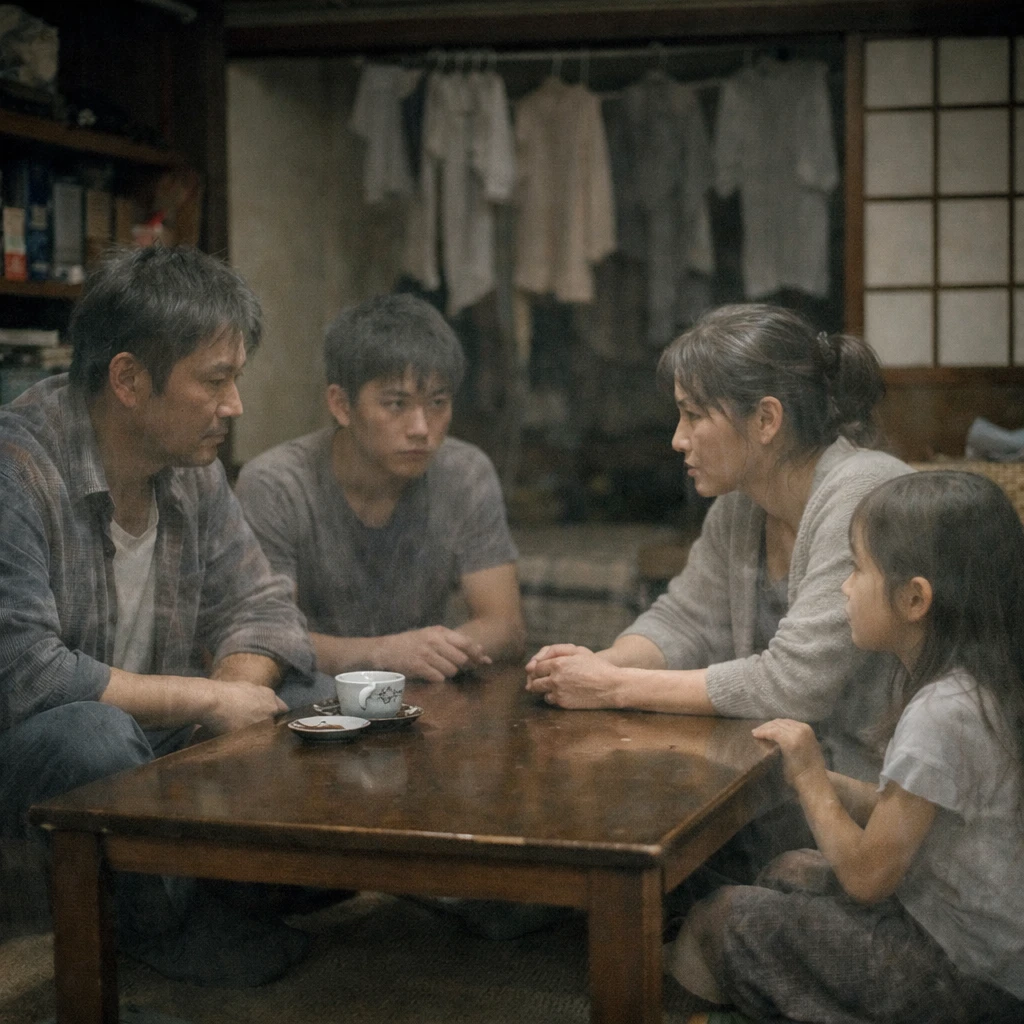 和風のリビングで半透明の幽霊家族が干した透明な洗濯物を背景に家族会議をしている様子。