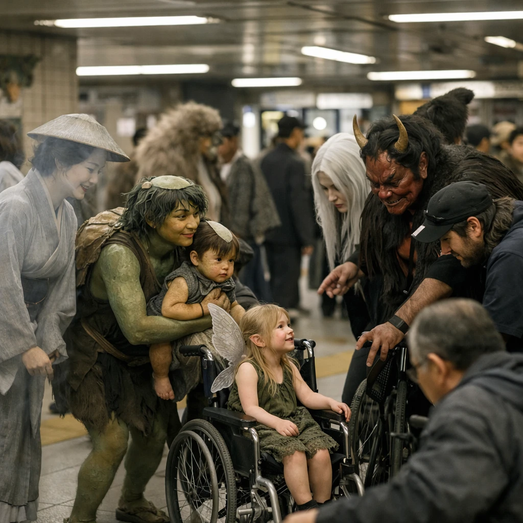 冥界メトロの駅で、様々な種族のバリアフリー推進員たちが利用者をサポートしている写真。