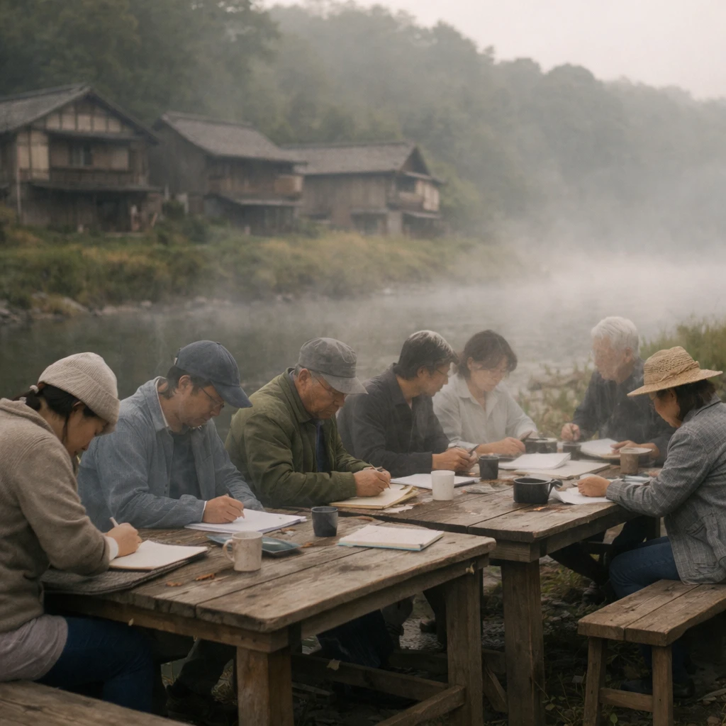 霧がかった川辺に並ぶ古民家と、その前の木製テーブルで多様な人々が仕事をしている写真。