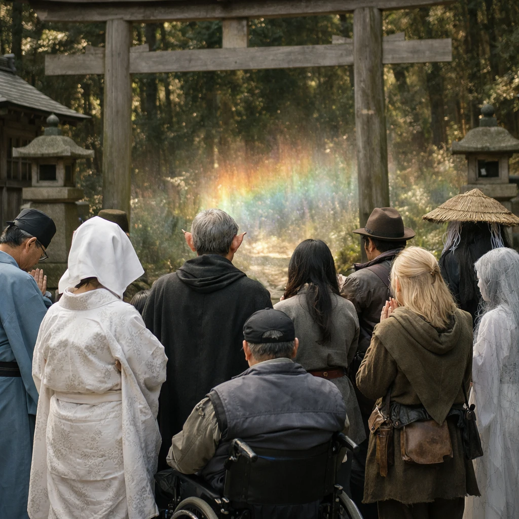 神社の境界にかかる虹のような光の前で、多様な人や霊が集い祈る様子の実写風写真。