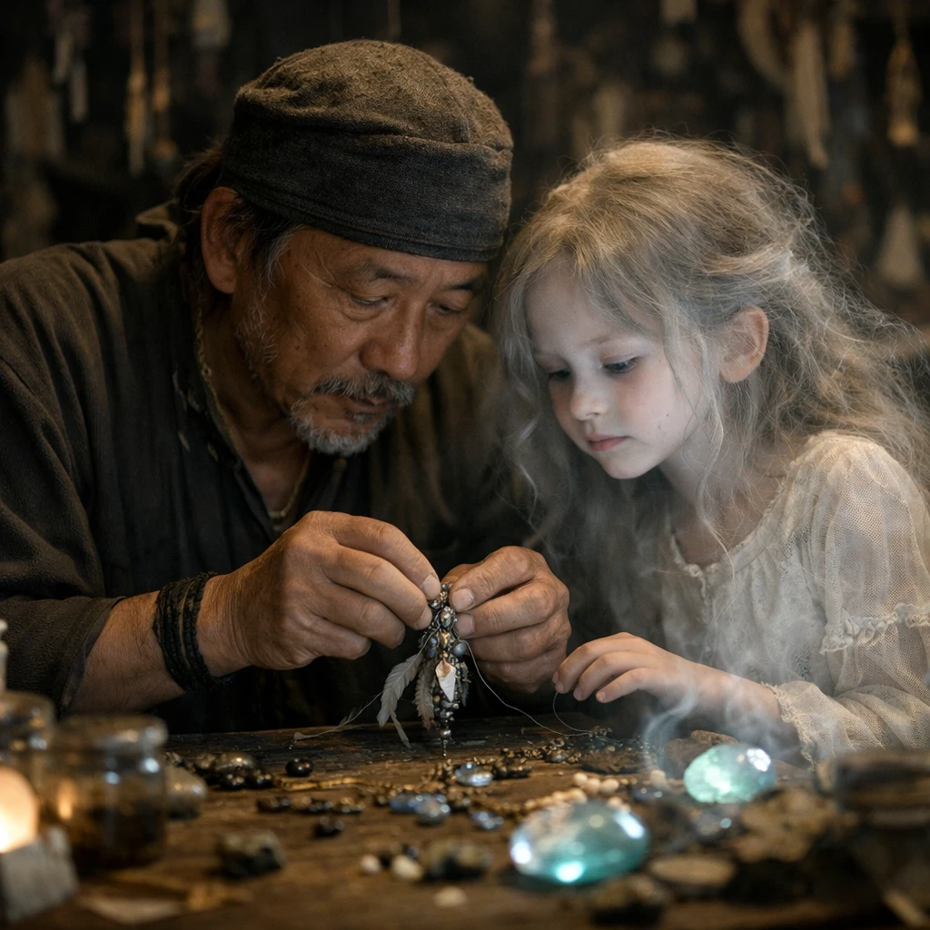 伝統的な工房で職人と若い幽霊の女性が呪具作りを共同体験している様子の写真。