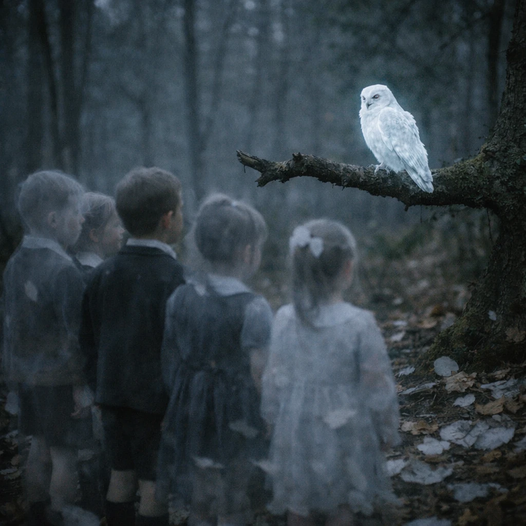 霧がかかった森の中で、半透明な幽霊の子供たちが淡く光るフクロウを観察している写真。