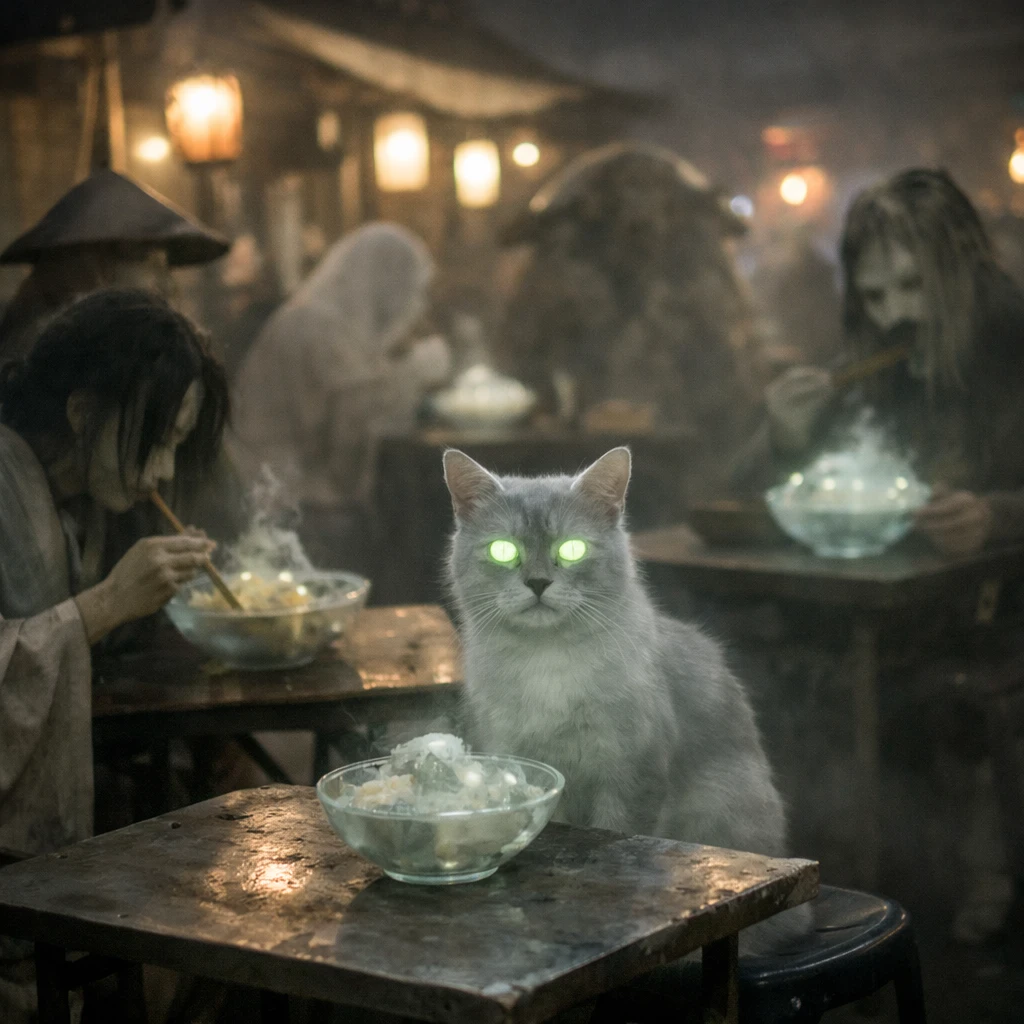 幽霊の猫が霧の中の屋台で半透明の料理を食べている様子を捉えたリアルな写真風画像。