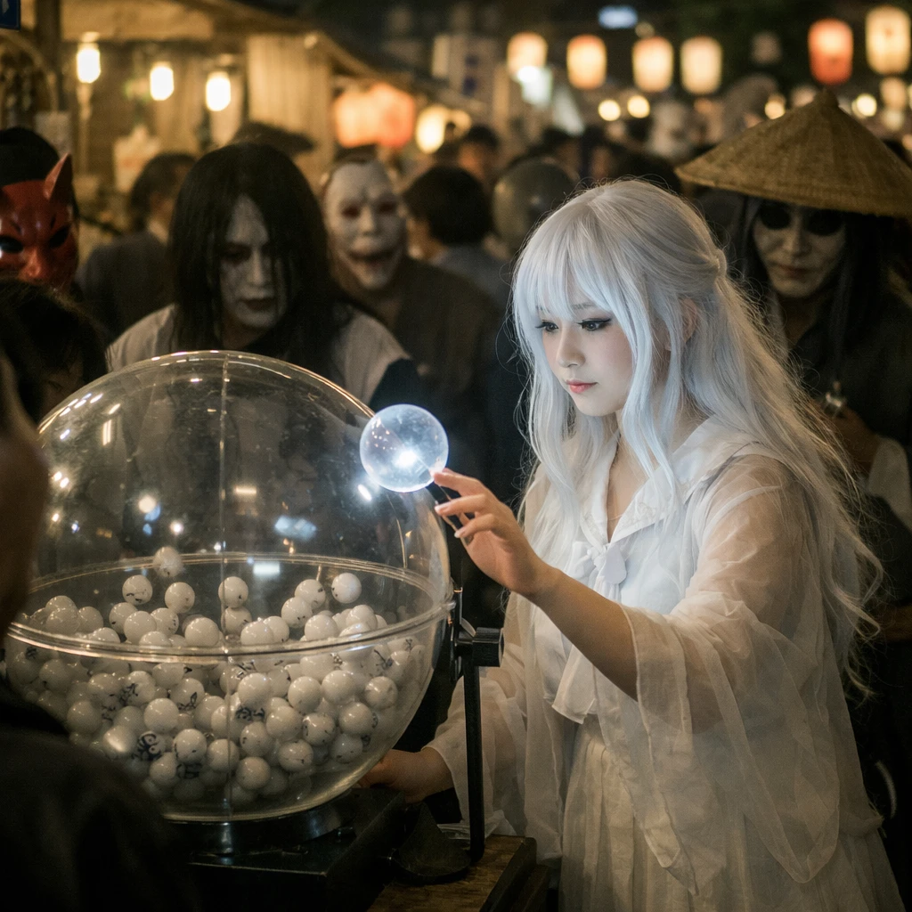 ナイトマーケットで幽霊や妖怪の仮装をした人々が透明な抽選玉に集まり、幻想的なライトに照らされている様子。