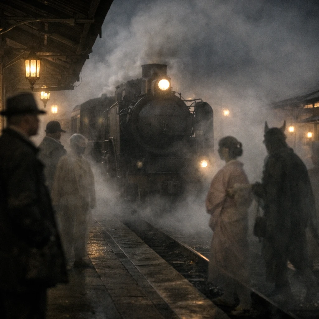 深夜の薄暗い駅に黒い列車が到着し、透明な幽霊や妖怪の姿がホームで待つ様子。